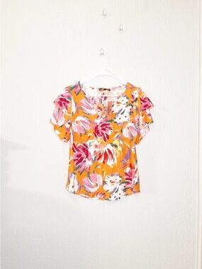 Belldini Orange Floral Short Sleeve Blouse